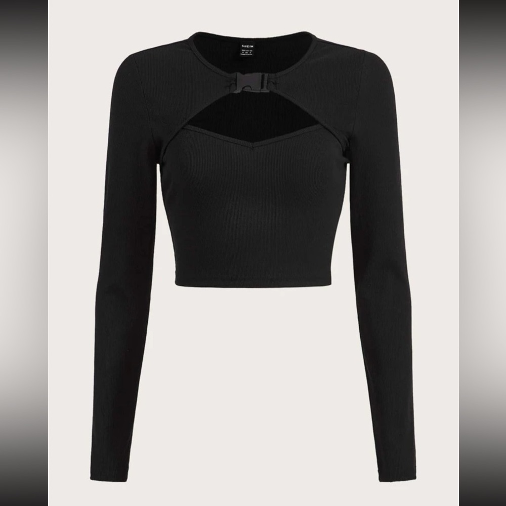 SHEIN Black Long Sleeve Crop Top with Cut Out and Buckle